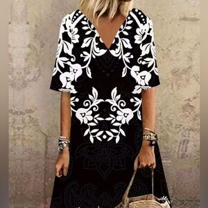 Black & White Floral Midi Dress - Elegant Summer Style